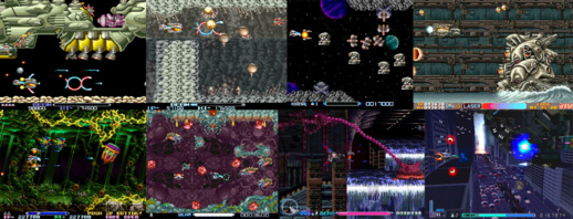 Screenshots, dans l'ordre : R-Type, II, Super, Gallop, Leo, III, Delta, Final.