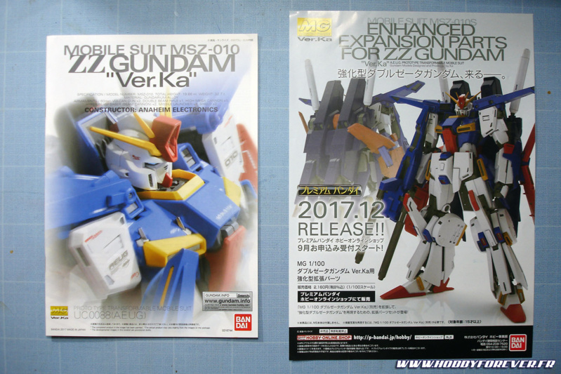 La notice avec une pub pour le "Enhanced expansion parts", un set permettant comme son nom l'indique de faire la version Enhanced ZZ Gundam. Evidemment c'est du P-Bandai, donc exclusivité japonaise de la boutique en ligne Bandai Hobby Proshop, vendu au prix fort. La notice avec une pub pour le "Enhanced expansion parts", un set permettant comme son nom l'indique de faire la version Enhanced ZZ Gundam. Evidemment c'est du P-Bandai, donc exclusivité japonaise de la boutique en ligne Bandai Hobby Proshop, vendu au prix fort.