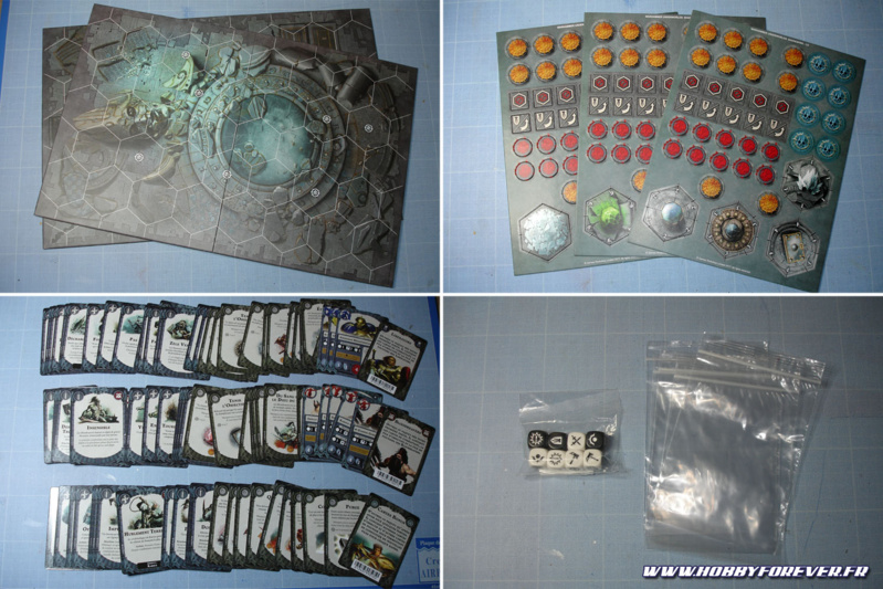 2 plateaux de jeu, des pions en cartons, des cartes, des dés et des sachets pour ranger le tout 2 plateaux de jeu, des pions en cartons, des cartes, des dés et des sachets pour ranger le tout