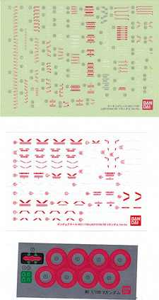 Les marquages, de haut en bas : stickers fins, decals à sec, et stickers pour les cercles rouges des articulations