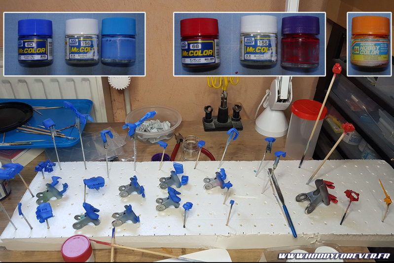 Bleu en Cobalt Blue Mr Color, rouge en Red Madder Mr Color et orange en Orange Yellow Hobby Color Bleu en Cobalt Blue Mr Color, rouge en Red Madder Mr Color et orange en Orange Yellow Hobby Color