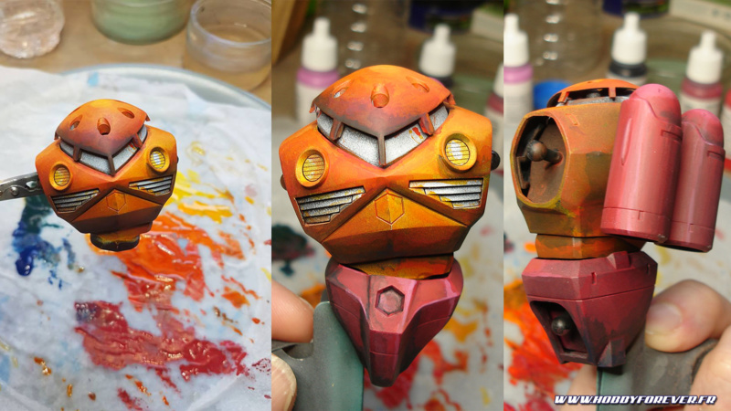 Le travail sur le torse. On peut voir la préparation des couleurs, très vives, sur la palette. Le travail sur le torse. On peut voir la préparation des couleurs, très vives, sur la palette.