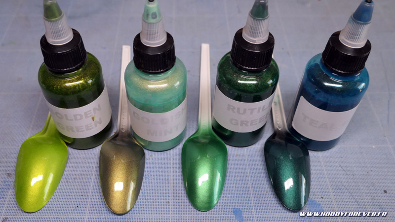Golden Green / Goldish Mint / Rutile Green / Teal Blue avec vernis auto Golden Green / Goldish Mint / Rutile Green / Teal Blue avec vernis auto