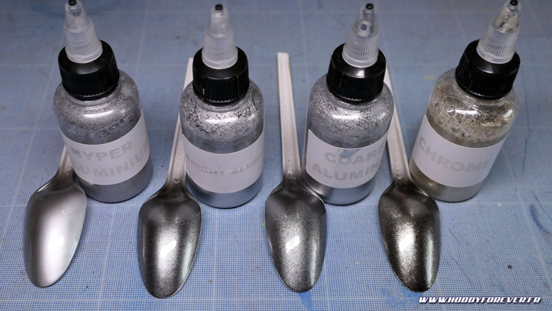 Hyper Aluminium / Bright Aluminium / Coarse Aluminium / Chrome FX avec vernis auto Hyper Aluminium / Bright Aluminium / Coarse Aluminium / Chrome FX avec vernis auto