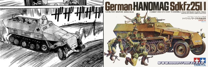 Le dessin original qui m'a inspiré, et la boxart du Sdkfz Hanomag 1/35 de Tamiya