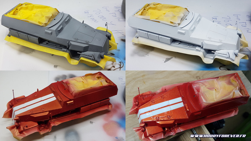 Peinture de la caisse en Solar Red et bandes blanche. La main un peu lourde sur le vernis auto ! Peinture de la caisse en Solar Red et bandes blanche. La main un peu lourde sur le vernis auto !