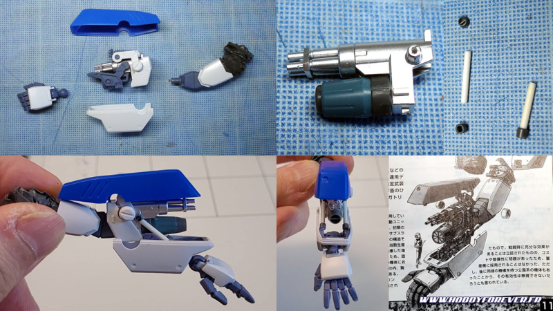 Custom du bras gauche avec en haut à gauche les pièces d'origine. Custom du bras gauche avec en haut à gauche les pièces d'origine.