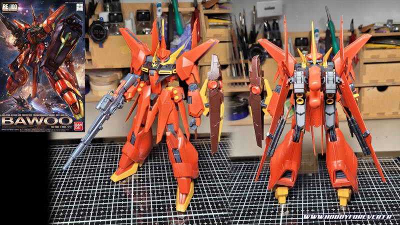 Le RE/100 Bawoo fraichement assemblé et sa box art en haut à gauche Le RE/100 Bawoo fraichement assemblé et sa box art en haut à gauche