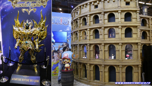 Armure du Sagitaire et colisée de One Piece sur le stand Bandai Namco