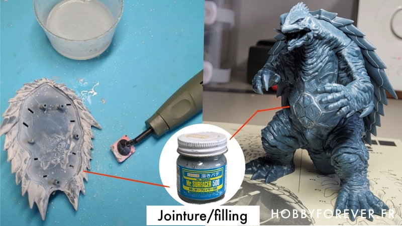 Rebouchage des jointures au Mr Surfacer 500 et ponçage de la carapace à la dremel