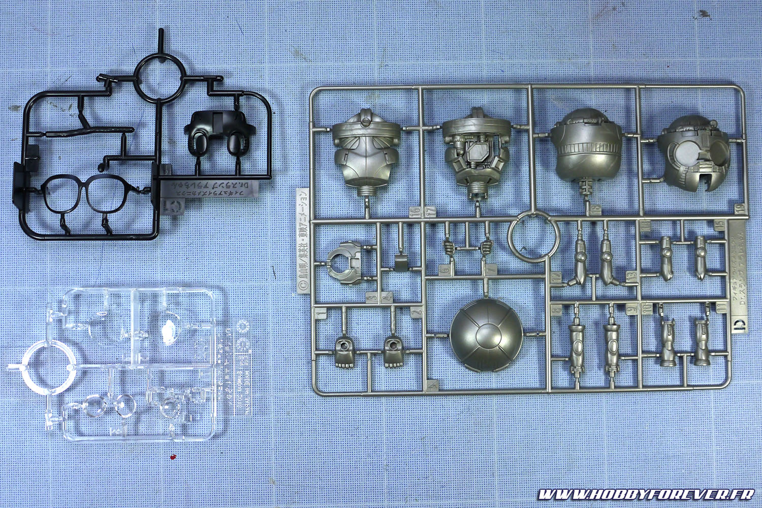 La grappe noire C1 comporte les lunettes et les pupilles. Seul le blanc des yeux fait l'objet d'une pièce séparée, il faudra donc utiliser les autocollants fourni ou peindre la pupille pour avoir un joli résultat. La C2 est une grappe transparente pour les verres de lunette et les yeux. La grappe D qui porte les pièces du squelette est moulée dans un plastique présentant un léger effet métallisé/perlé. La grappe noire C1 comporte les lunettes et les pupilles. Seul le blanc des yeux fait l'objet d'une pièce séparée, il faudra donc utiliser les autocollants fourni ou peindre la pupille pour avoir un joli résultat. La C2 est une grappe transparente pour les verres de lunette et les yeux. La grappe D qui porte les pièces du squelette est moulée dans un plastique présentant un léger effet métallisé/perlé.