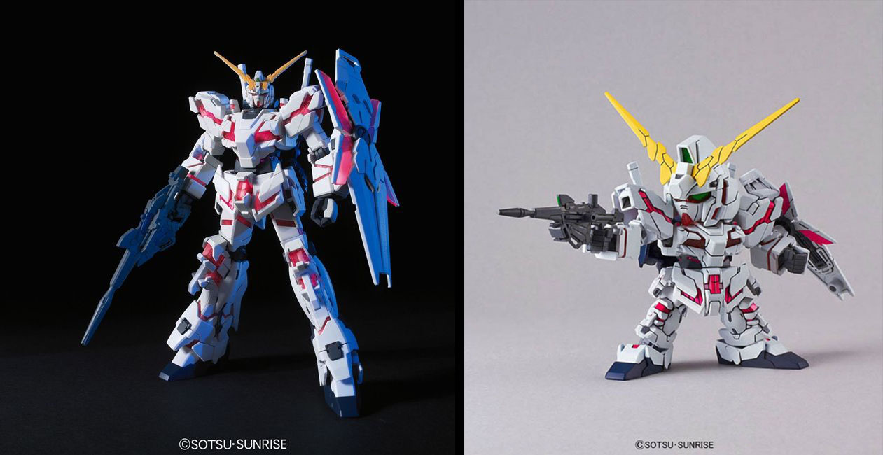 Les deux kits utilisés pour ce projet : le HGUC Unicorn Gundam /et le SD EX Standard Unicorn Gundam Les deux kits utilisés pour ce projet : le HGUC Unicorn Gundam /et le SD EX Standard Unicorn Gundam