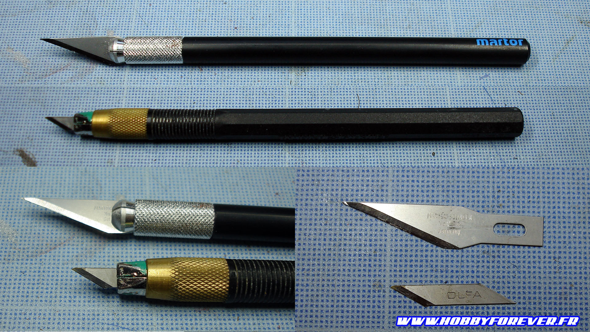 Un porte-lame type Xacto (en haut) et un Design Knife de Tamiya (en bas)