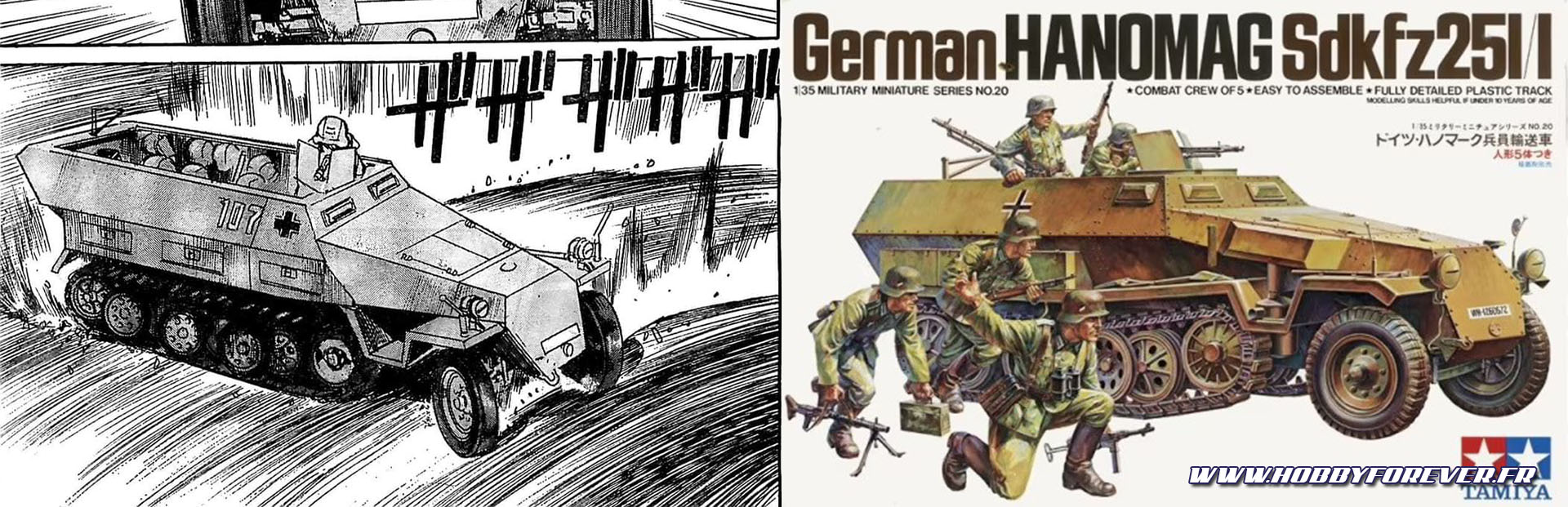 Le dessin original qui m'a inspiré, et la boxart du Sdkfz Hanomag 1/35 de Tamiya Le dessin original qui m'a inspiré, et la boxart du Sdkfz Hanomag 1/35 de Tamiya